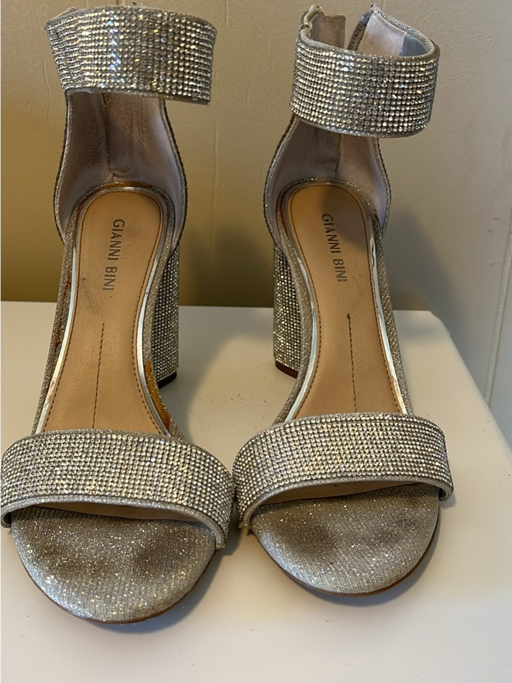 Gianni Bini Sparkling Silver Rhinestone Block Heel Sandals